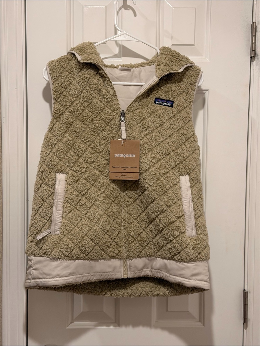 Patagonia Olive Quilted Sherpa Vest with Cream Trim